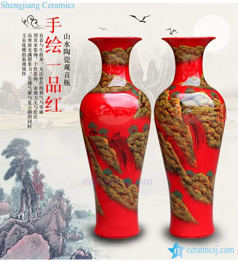 60 дюймовая напольная красная керамическая фарфоровая ваза для цветов, большая для украшения офиса