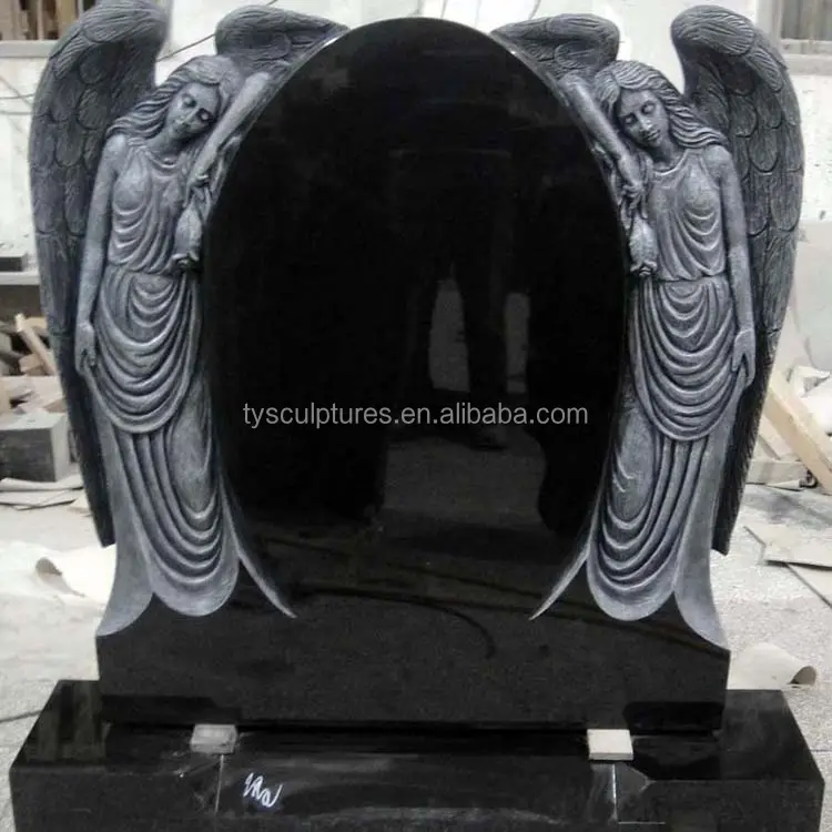 Personalizado em branco dois anjo mão esculpida lápides de granito preto