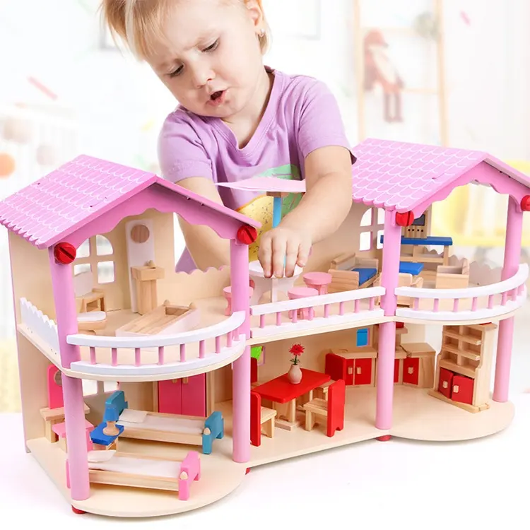 Pretend Play Furniture Toys pink dollhouse miniature wooden doll house toys for kids