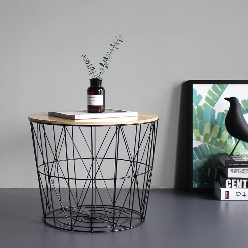 Panier rond en fil de métal, salon, table basse avec plateau en bois, pour meubles de maison