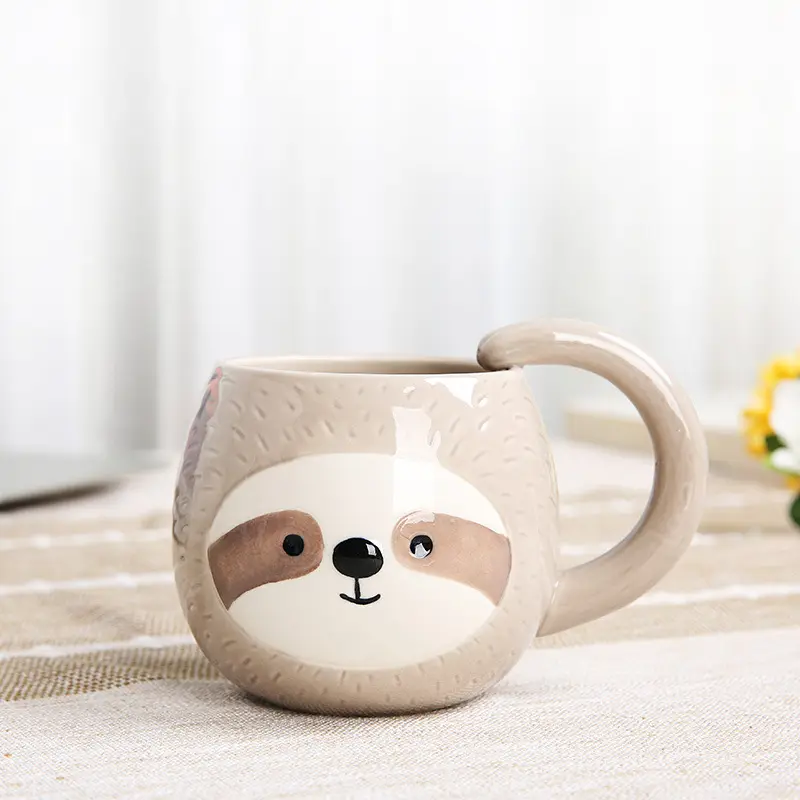 Mug keramik sloth, mug kopi sloth 3d, Mug air hewan abu-abu lukisan tangan