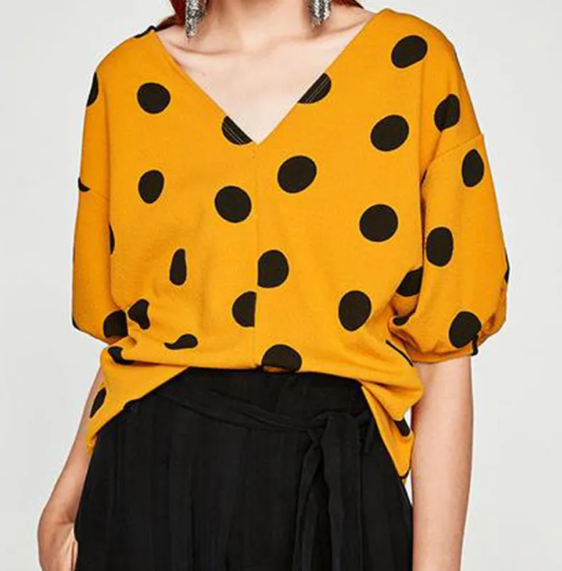 Blusa y top de chifón amarillo estampado verano casual a la moda para mujer