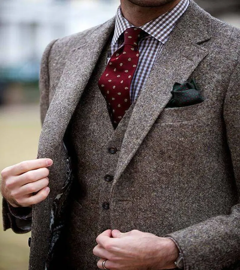 Traje de Tweed personalizado para hombre, traje marrón a medida, traje de un solo pecho para hombre, solapa de muesca (chaqueta + pantalón + chaleco)