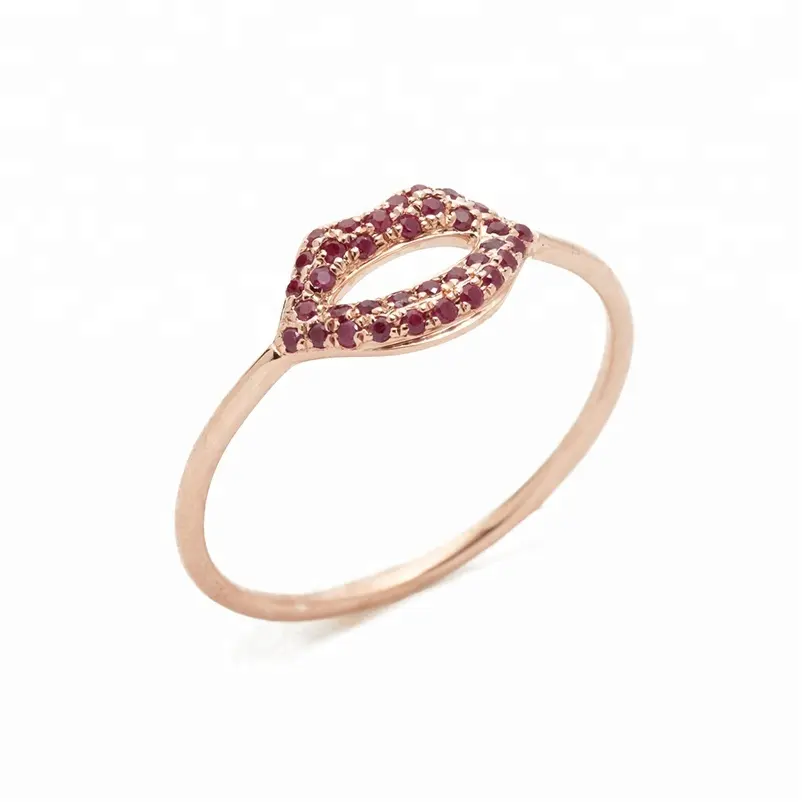 Gemnel fashion design anello in oro rosa 18 carati vermeil 0.1micron pavimenta la fede nuziale con labbra in pietra rubino