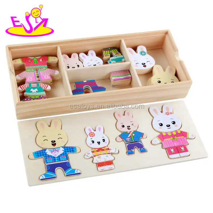 Brinquedo novo mais quente cartoon coelho família brinquedos mudança de madeira roupas vestido jigsaw para meninos e meninas w14d059