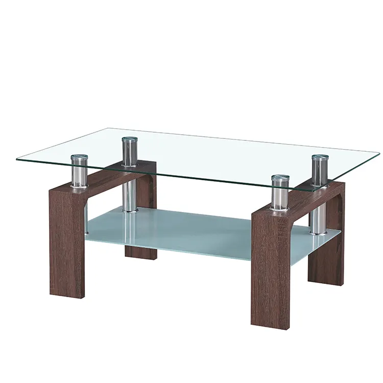 Petite table basse en verre pour salle à manger Salon table basse carrée en verre moderne pas cher avec pieds en bois