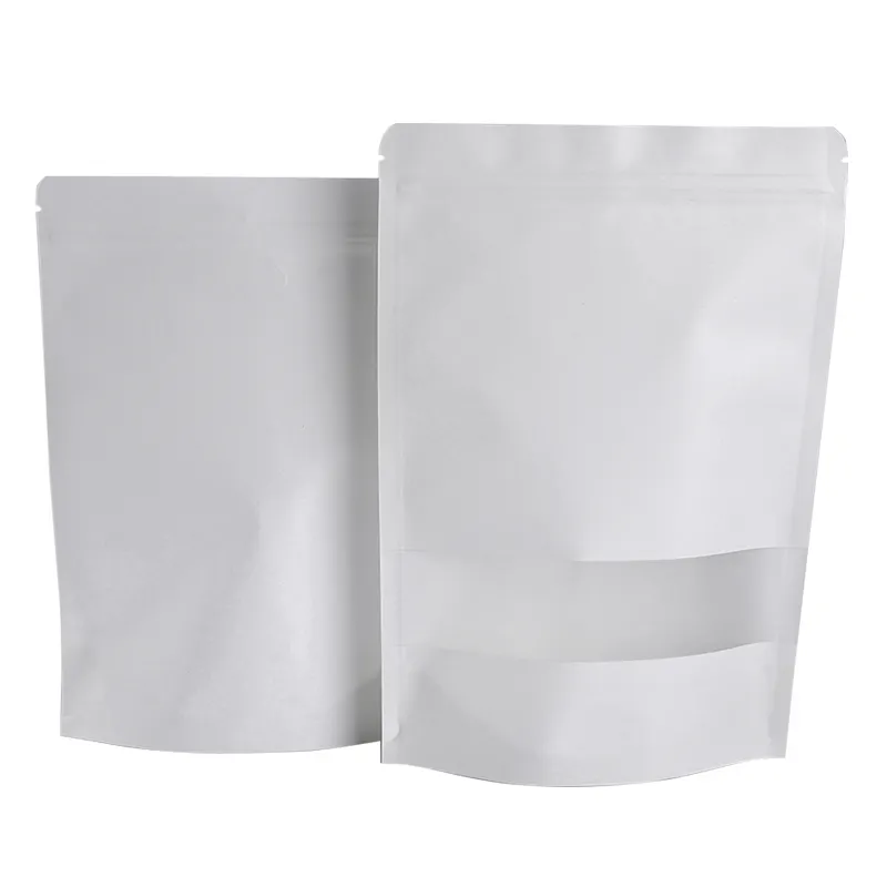Белый пакет из крафт-бумаги, стоячий пакет с застежкой-молнией, пакет для упаковки сухих продуктов, бумажный мешочек для рукоделия, пакеты на молнии с перезаряжаемым матовым окошком