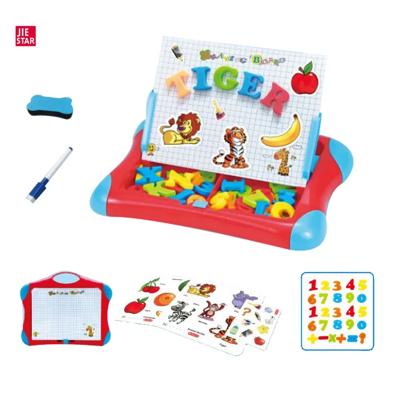 Jiestar brinquedos 2 em 1, alfabeto, ímã, brinquedo com prancheta, educação pré-escolar, brinquedo magnético, letras e números