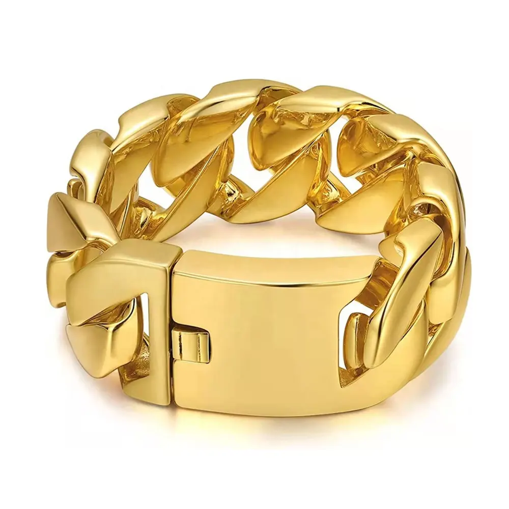 Pulseira de aço inoxidável 316l, alta qualidade, tamanho grande, aço inoxidável 18k, banhado a ouro, pesado, hip hop, corrente cubana, pulseira masculina