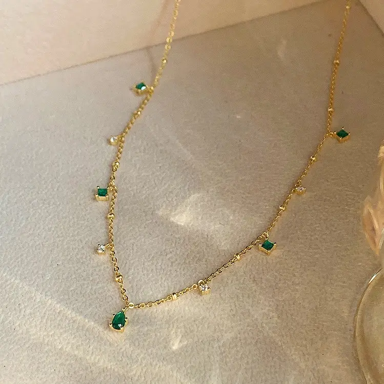 Fashion fine jewelry collana in argento sterling 925 con ciondolo a goccia d'acqua con smeraldo placcato oro 18 carati per donna