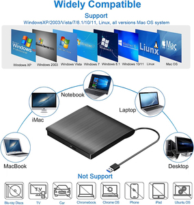 Unidade de DVD externa USB 3.0 DVD Player CD <span class=keywords><strong>Drive</strong></span> preto escovado para PC Portátil Compatível com Windows 11 Unidade Óptica