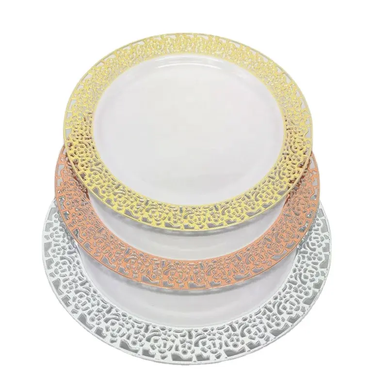 Set di piatti rotondi bordati con Design in pizzo oro rosa Set di stoviglie in plastica per feste usa gli ospiti piatti rotondi in plastica Set di tazze