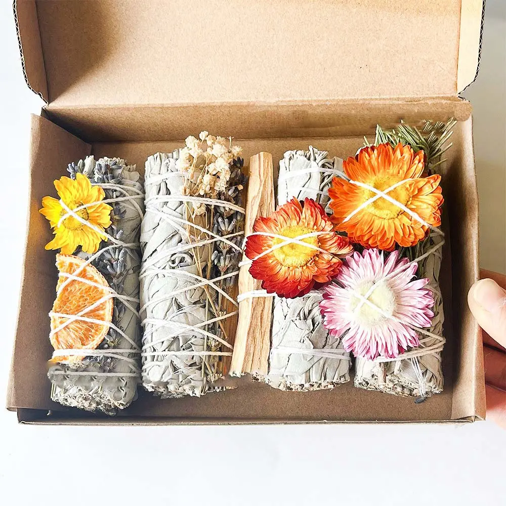 Trắng Sage Smudge Kit bó với hoa thảo mộc hoa oải hương PALO santo gậy để làm sạch năng lượng tiêu cực