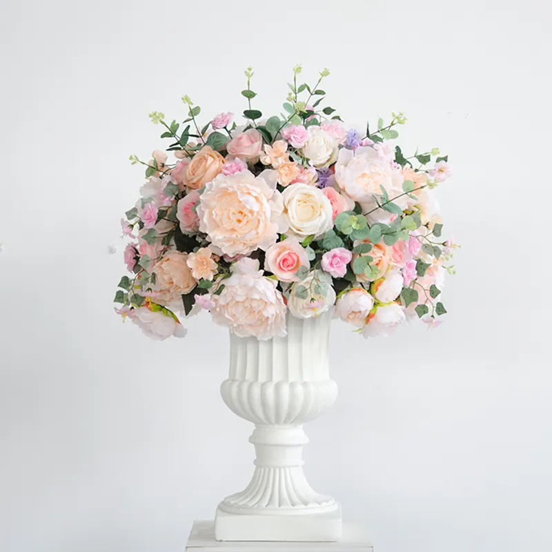 Soportes de flores artificiales de plástico de oro blanco, pilar de jarrón, fibra de vidrio antigua para decoración de jardín de boda