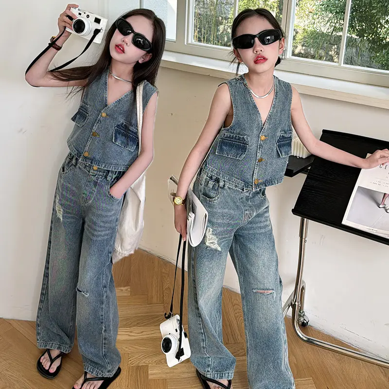 2024 Kinder Mädchen Sommerkleidung Set Denim V-Ausschnitt ärmelloses Oberteil + Jeans 2-teiliges Outfit-Set 5-15 Jahre