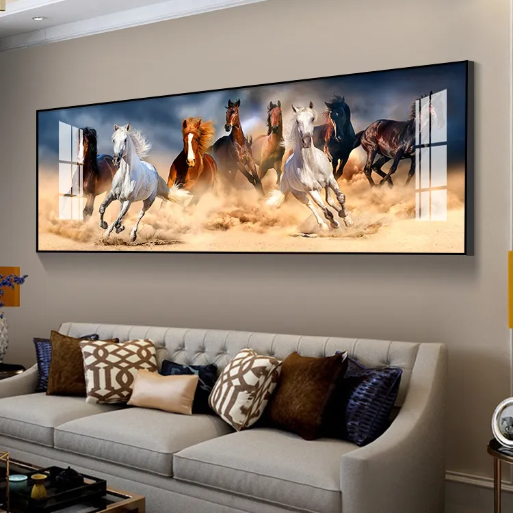 Pinturas de arte de pared de animales personalizados, pintura de porcelana de cristal para correr con marco de aluminio para decoración del hogar y la Oficina, 8 caballos