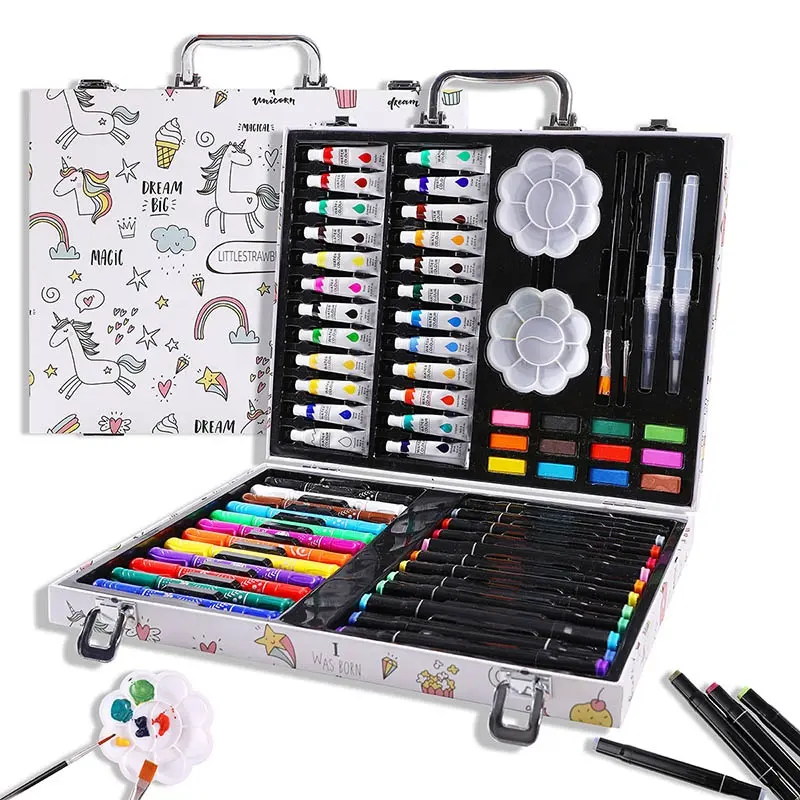 Venta al por mayor nueva llegada 66 piezas creatividad acuarela pintura en espiral niños DIY artesanía dibujo lápiz arte conjunto con caja de aluminio