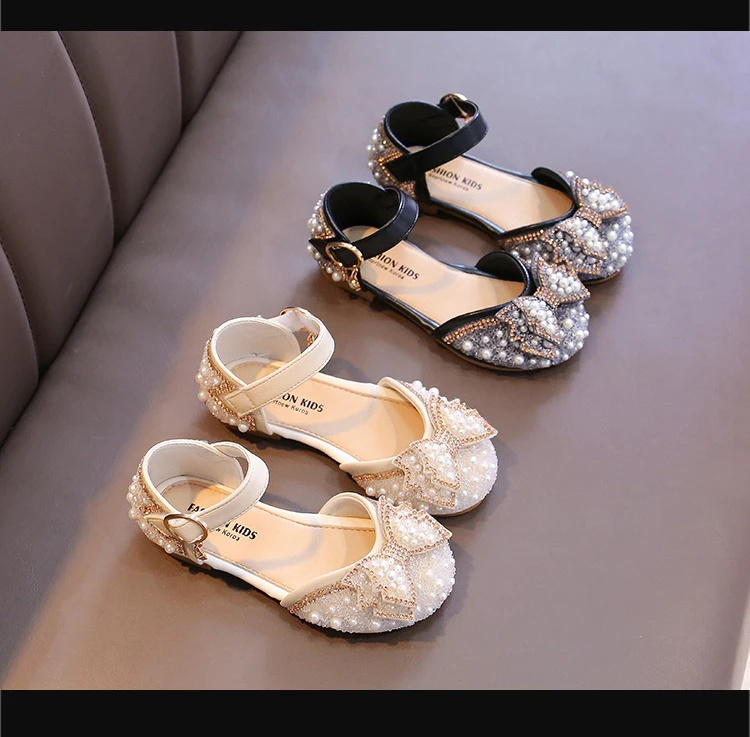 Girls Rhinestone Sandals Korean Princess Flat Shoes Children Bow Dress Shoes