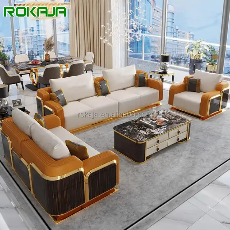 Conjunto de Sofá Secional de Couro Genuíno Design Moderno Mobiliário de Sala Grande Canto 3 2 1 Seater Sofa Set Sofá Modular Villa