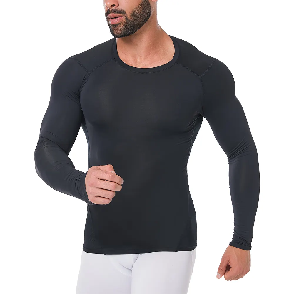 Camisa de compressão preta para homens, camisa de treino de poliéster de camada base, fitness de manga comprida