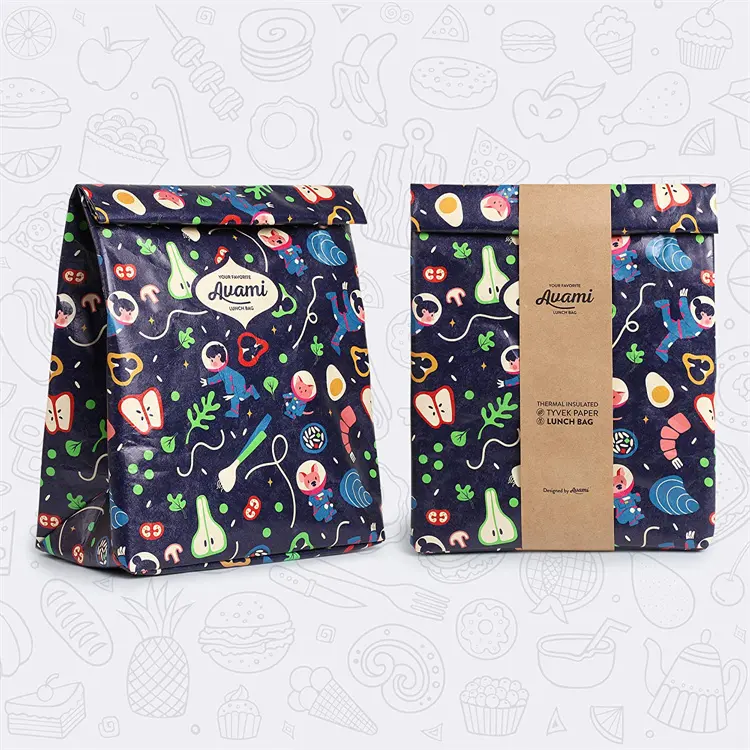 Wieder verwendbare farbige UV-Druck-Design Tyvek benutzer definierte Lunch-Tasche mit Geschenk hülle für Obst-Food-Snack-Box mit versteckter Schnalle