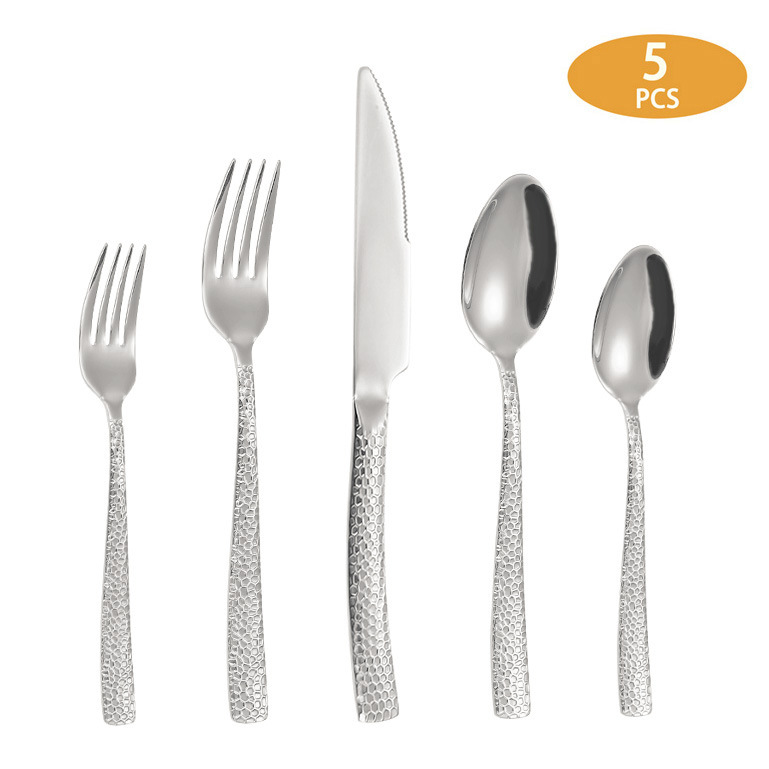 Ensemble de 5 couverts martelés (couteau, fourchette et cuillère) - Argent