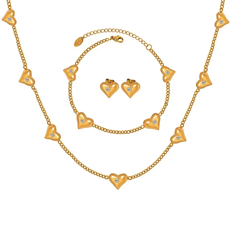 Venta al por mayor de 3 piezas de joyería fina personalizada conjuntos de acero inoxidable 18K chapado en oro circón corazón pendientes pulsera collar conjunto para mujer