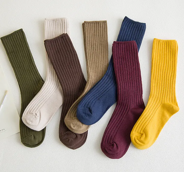 Double aiguille pile bas dessiner bande couleur unie chaussettes femme automne et hiver longue coton tube chaussettes