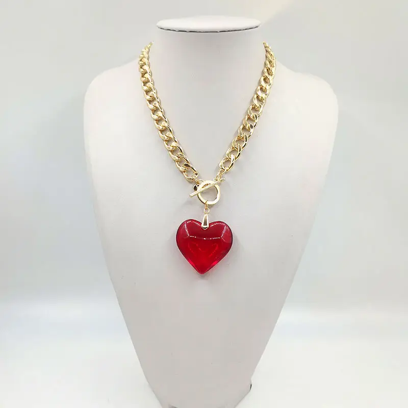 Nuovo Design rosso grande ciondolo a forma di cuore collana spessa regalo di san valentino collana lunga con ciondolo a forma di cuore in cristallo oceano
