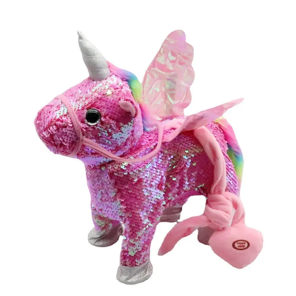 Popular lindo nuevo diseño personalizado unicornio Correa Pegaso muñeca caminar hablar columpio cadera eléctrico unicornio Pony caballo muñeca