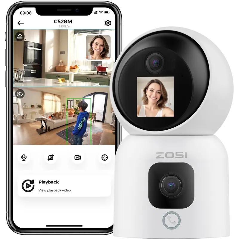 ZOSI Cámara DE SEGURIDAD WiFi 2K de doble lente para interiores con vistas de pantalla de 1,44 pulgadas Pan/Tilt Detección de persona inteligente Cámara CCTV para el hogar inteligente