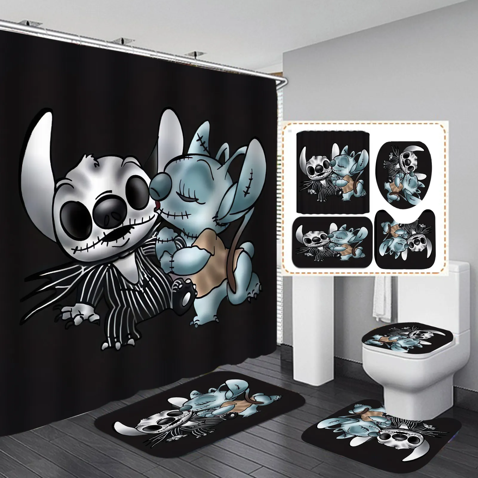 Cortina de ducha de Stich con dibujos animados, conjunto de baño personalizado, diseño de lujo, 4 piezas