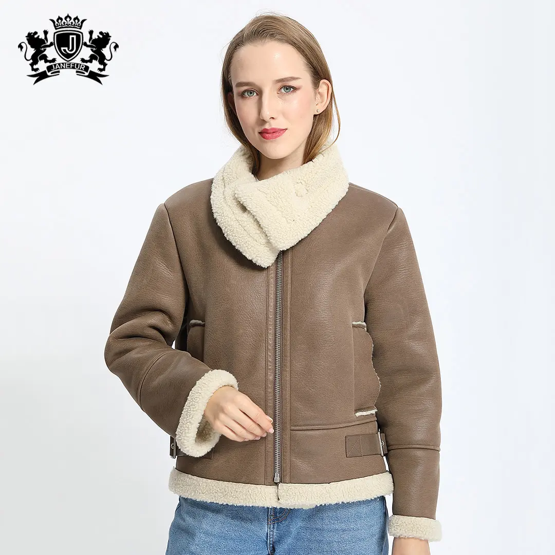 Janefur-Chaqueta de piel de estilo clásico para mujer, abrigo informal de piel de oveja con cremallera