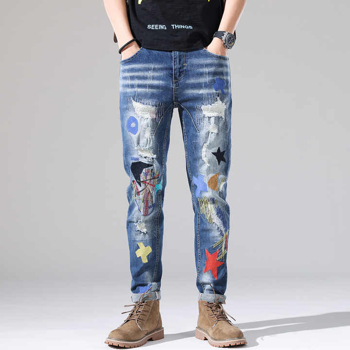Grosir langsung dari pabrik Jeans longgar Hip Hop populer baru Jeans edisi bordir sobek populer baru