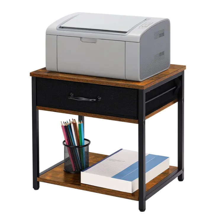 Petite étagère en bois à 2 niveaux pour organisateur de bureau Support pour imprimante avec tiroir en tissu