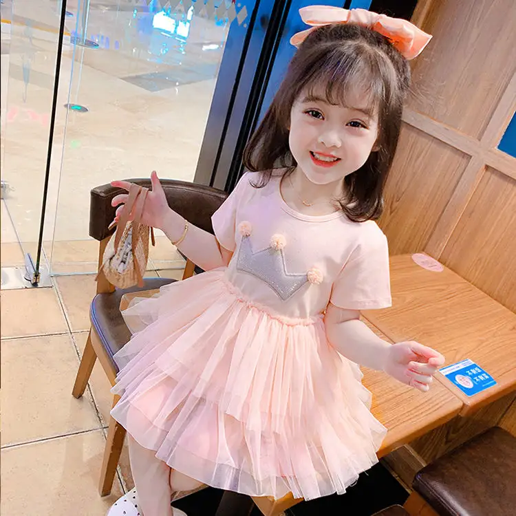 Design personnalisé chic vêtements pour enfants moelleux à manches courtes bébé fille princesse rose robe en dentelle pour la fête de mariage