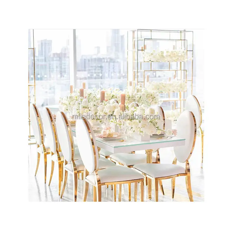 Hot Selling Events Stackable Design Dismountable Round Back Gold Stainless Steel White Wedding Chairs