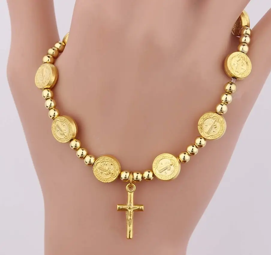 Toptan İsa çapraz zincir bilezik altın dini boncuklu bilezik tespih katolik tesbihi bilezik