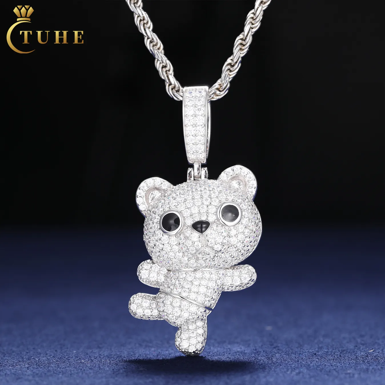 Mignon Dessin Animé Bijoux Hip Hop Hommes Femmes Cadeau En Gros 925 Argent VVS Moissanite Diamant Glacé Danse Petit Ours Pendentif