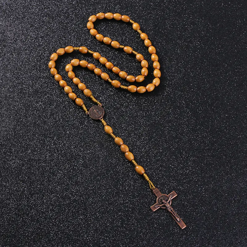 XIMAI tejido hecho a mano redondo San Benito medalla antiguo Rosario de madera Cruz collar Vintage católico religioso Jesús joyería 1