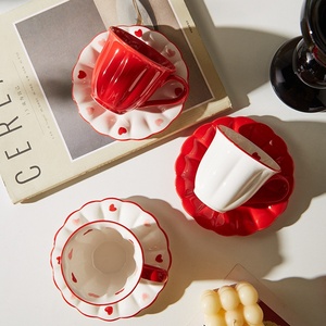 <strong>love</strong> Gift Breakfast Tea Milk <strong>Cup</strong> with Plate Korean Style Red Heart Pattern 200ML Ceramic Coffee Mug Saucer Set - Product Image 3