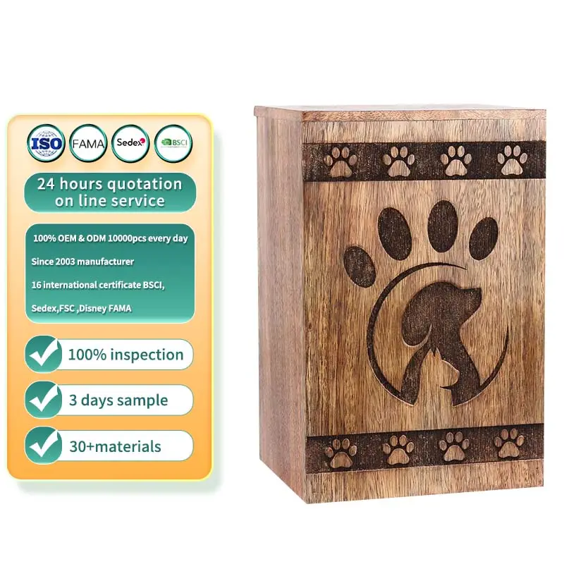 Usine personnalisée en gros urne souvenir en bois pour animaux de compagnie cendres de chien boîte de rangement de souvenirs en bois