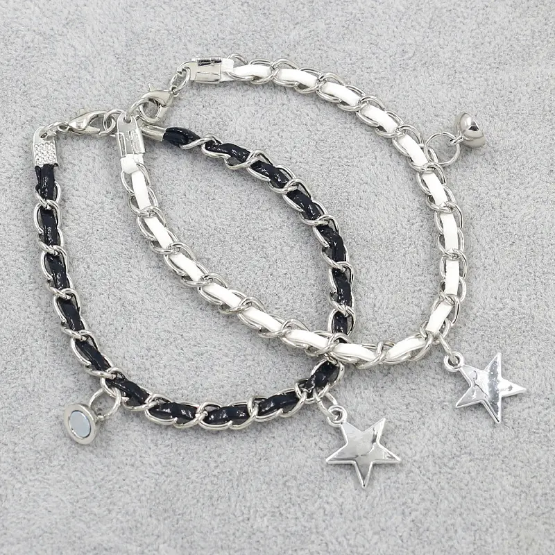 Pulseras de eslabones y cadena con colgante de estrella de atracción magnética tejida de cuero de imitación blanco y negro para amantes