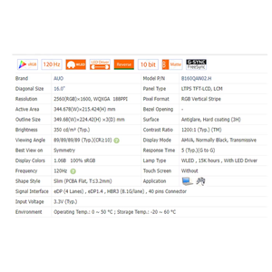 B160QAN02.H New <strong>Laptop</strong> <strong>LCD</strong> 16.0&quot; Screen *16:10* WQXGA 240Hz 2.5K 2560*1600 <strong>Laptop</strong> Replacement Part Screen in Stock Tested - Product Image 2