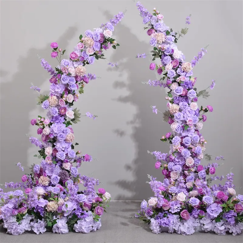 Nueva Venta caliente accesorios de boda arco puerta cuerno césped al aire libre boda púrpura flor estante arco curvo escenario Fondo flor arco