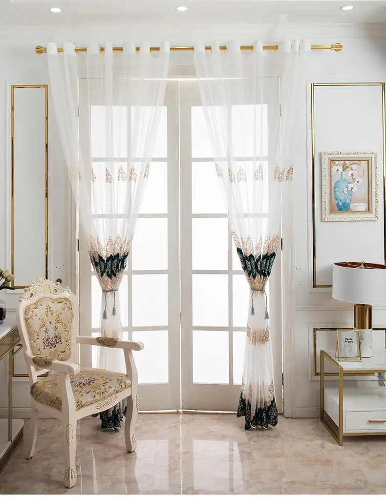 Cortina bordada de fábrica para sala de estar, cortina branca de algodão voile para decoração de janelas transparente