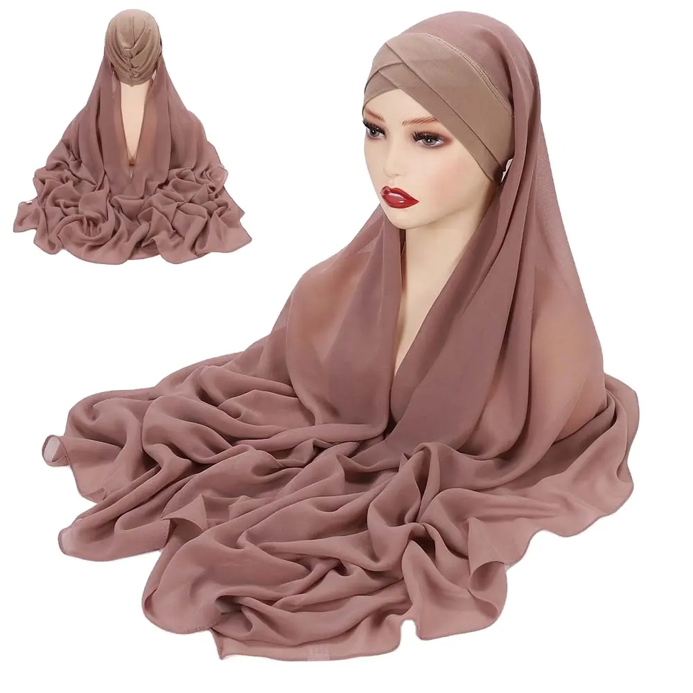2022 Großhandels lieferant Truthahn Mode muslimische Frauen Schal Schal Kopftuch 2 in 1 Innen kappen Chiffon Instant Hijab