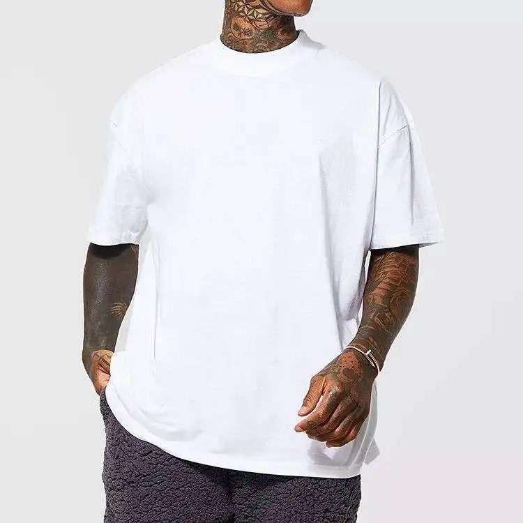 Kaus ukuran Plus leher Mock kustom pria kualitas tinggi T-Shirt polos Drop Shoulder mewah kelas berat katun 100% untuk pria