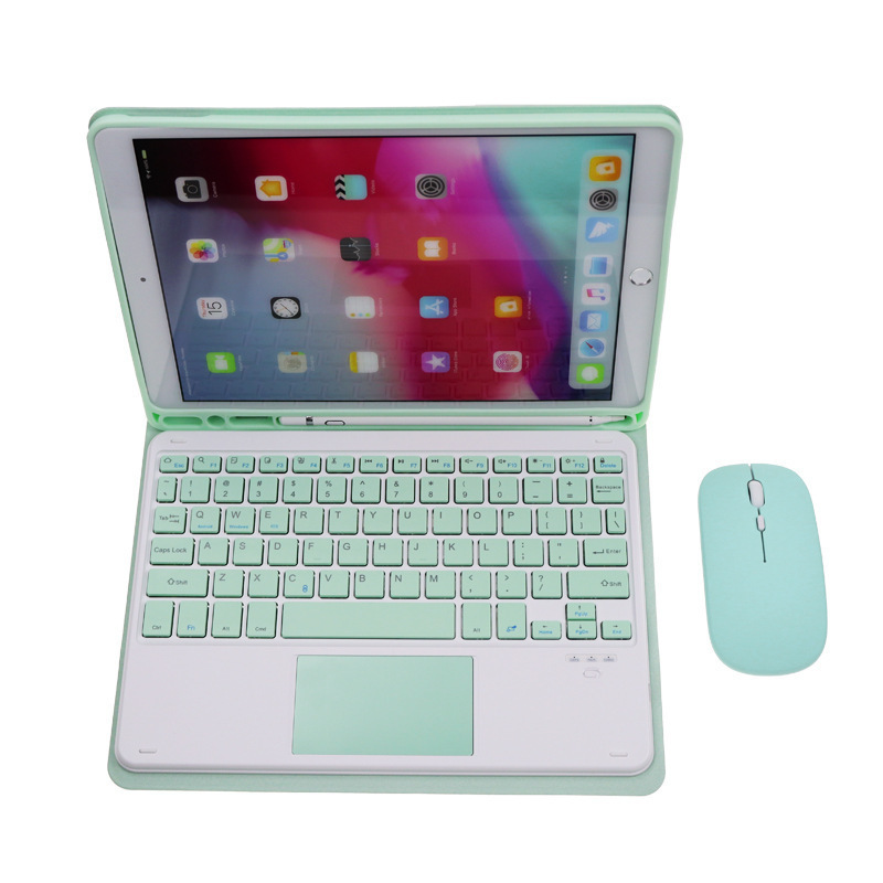 Étui en cuir vert clair, clavier et souris tactiles carrés