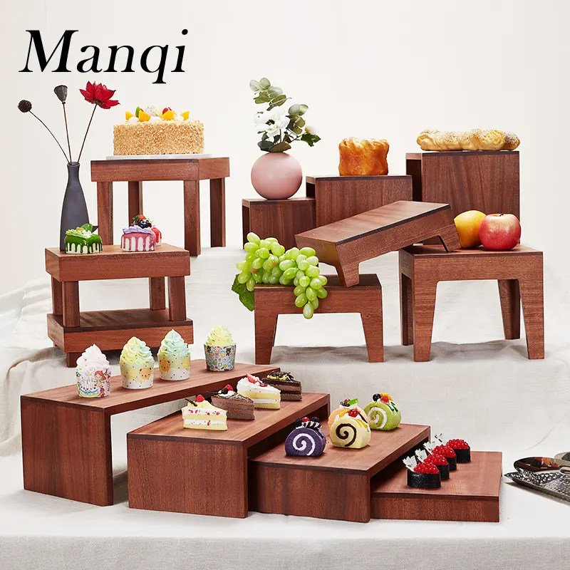 Multi-combination Chinese Four-legged Sapele wooden cake stands buffet for restaurant and hotel banquet dessert display